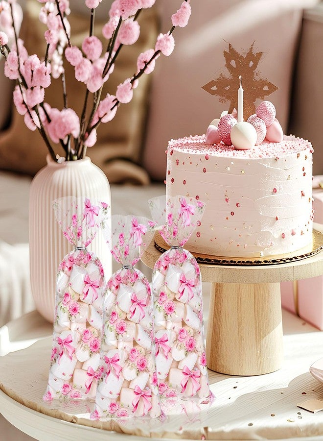 Whaline 100Pcs Wedding Floral Bow Cellophane Treat Bag Pink Coquette Flower Bowknot Plastic Candy Cookie Bags Cello Tea Party Favor Bags with Twist Ties for Summer Baby Bridal Shower Birthday - Image 5